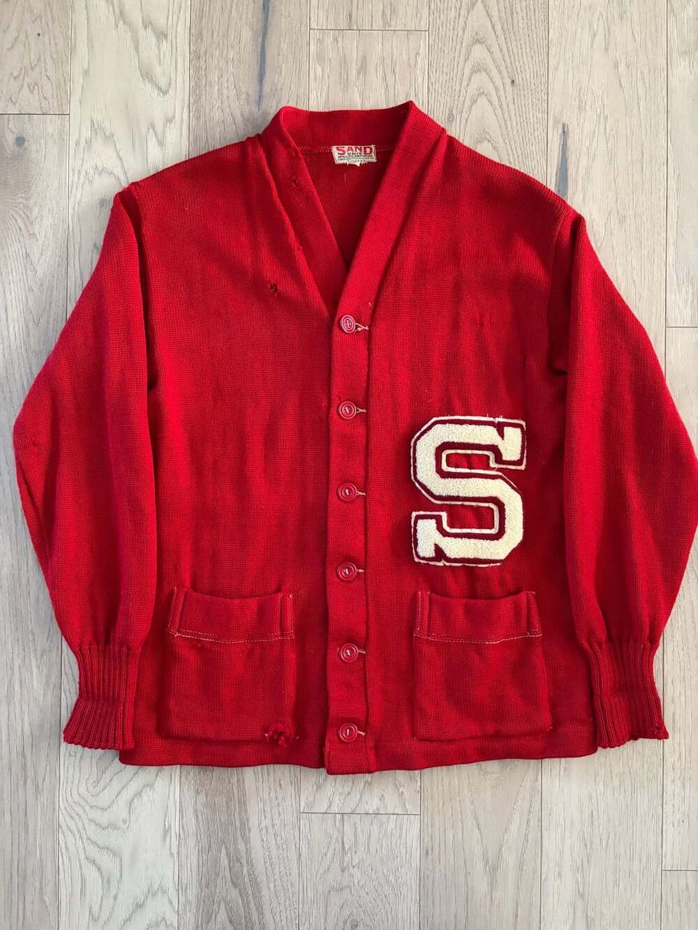 Vintage 50s Letterman Sand Knit Cardigan S Red Wool